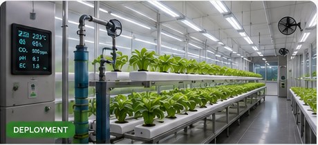 Illustrative high-tech controlled environment hydroponic growing facility